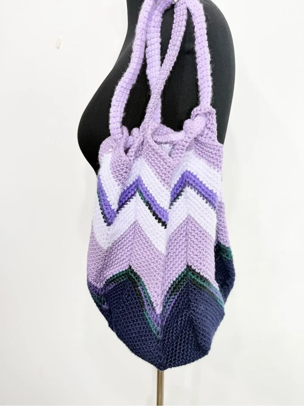 Hand Crafted Purple Striped Knit Tulip Shape Drawstring Strap Hobo Slouch Bag